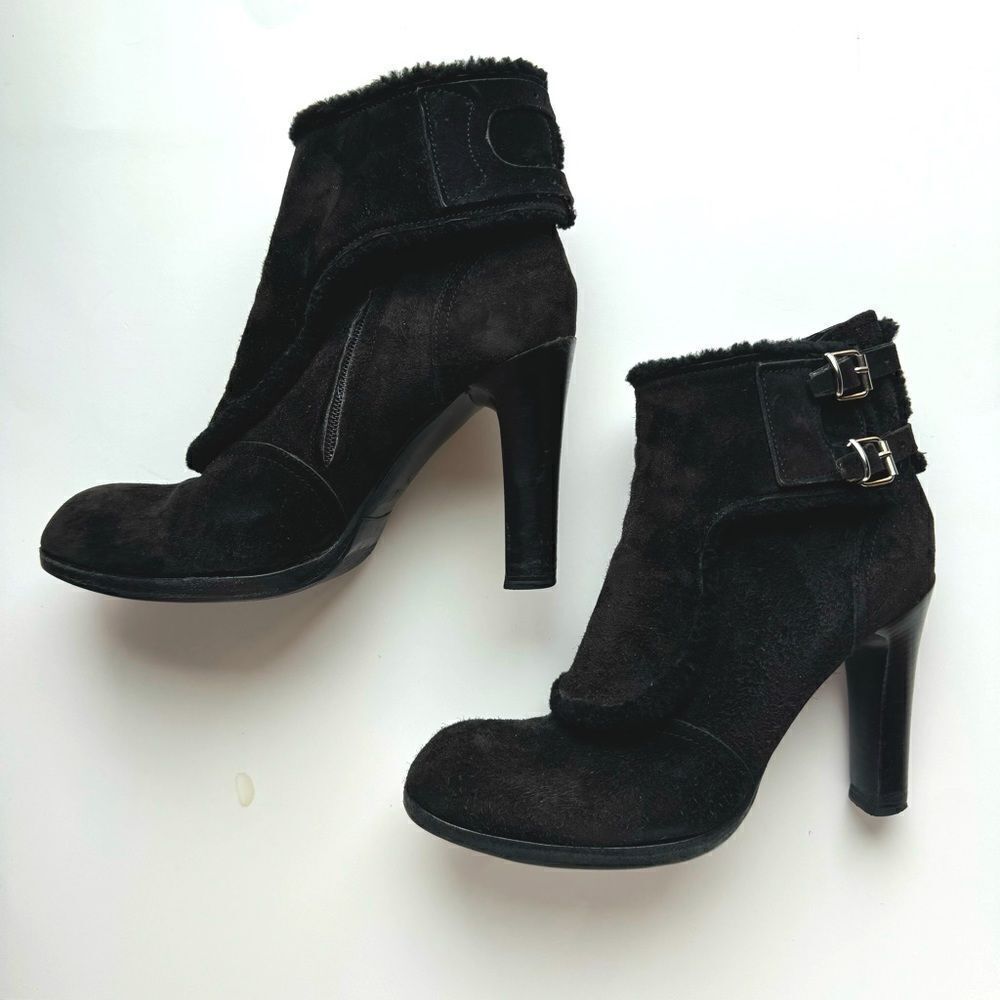 Gianni Barbato Italian Heeled Bootie Suede & Wool Sherpa Buckle Ankle EU39.5 US9